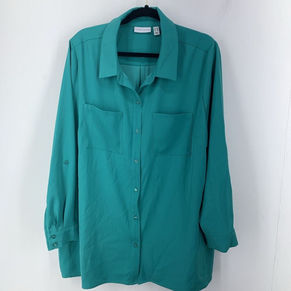 Susan Graver Womens 24W Peach skin Shirt Button Up Roll Tab Pockets Side‎ Slit